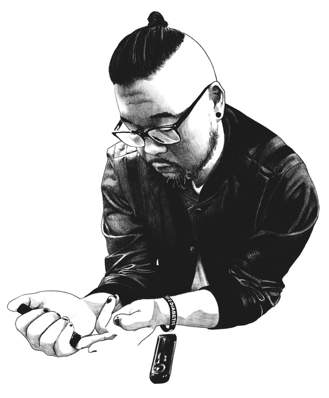 Asianman with hair in bun, glasses, beard, leather jacket, and diabetic medical bracelet holding a lancet to finger in front of a glucometer.