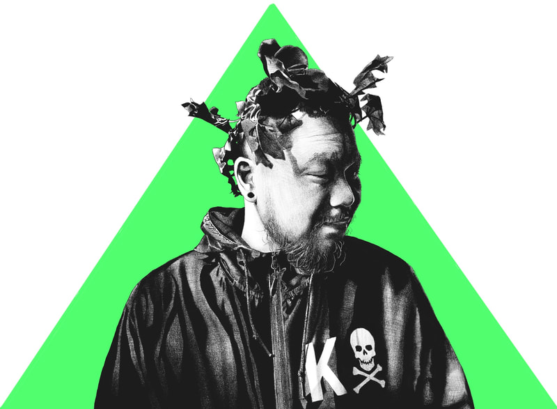 Asian person with garland crown, beard, and hooded jacket with "K" and pirate skull & bones print standing in front of green triangle.