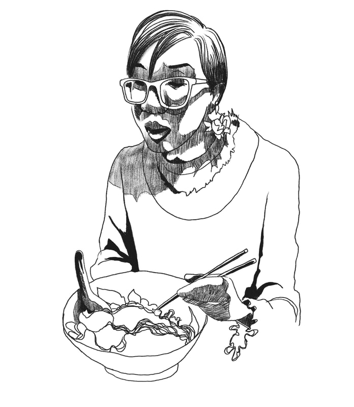 Asian woman with glasses and sweater eating ramen with chopsticks.