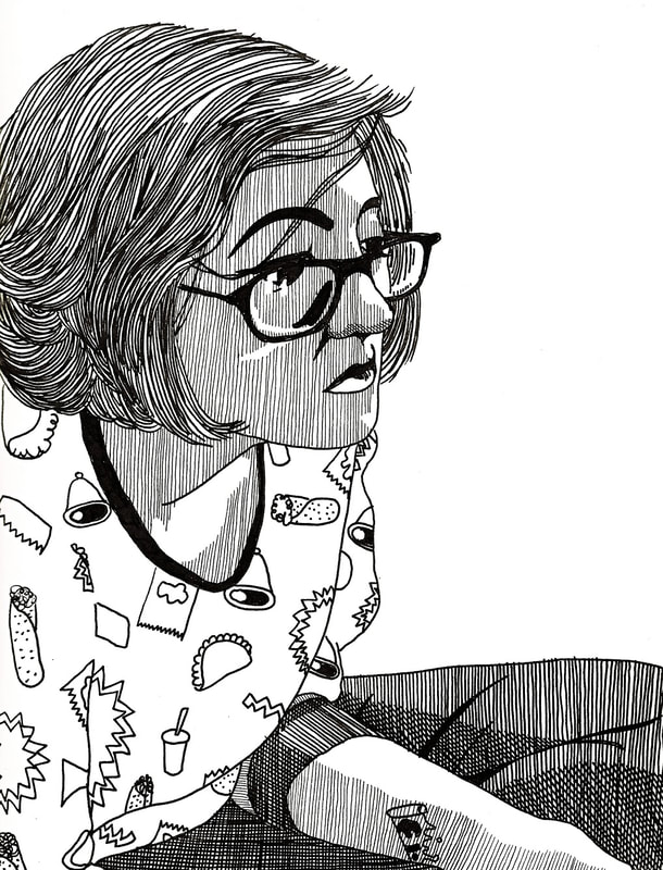Woman with shoulder length hair, glasses, and shirt with food pattern sitting in a cross legged position.