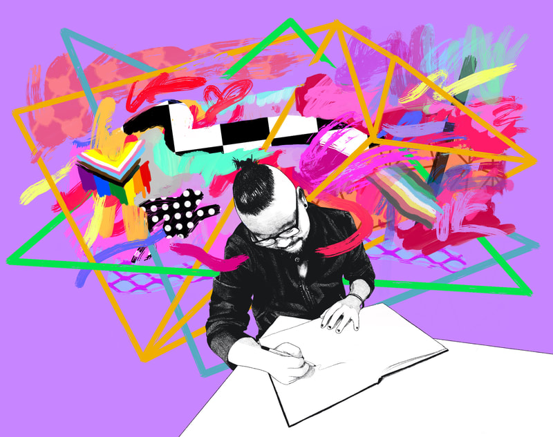 Asian man with hair bun, glasses, beard, leather jacket drawing in sketchbook at table, colorful paintstrokes and geometric shapes floating above him in background.