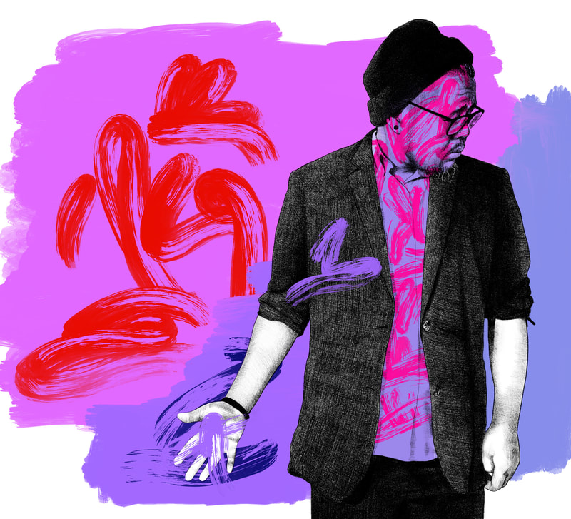 Asian man with skull cap, glasses, beard, sports jacket holding hand out amidst swirling colorful paint strokes