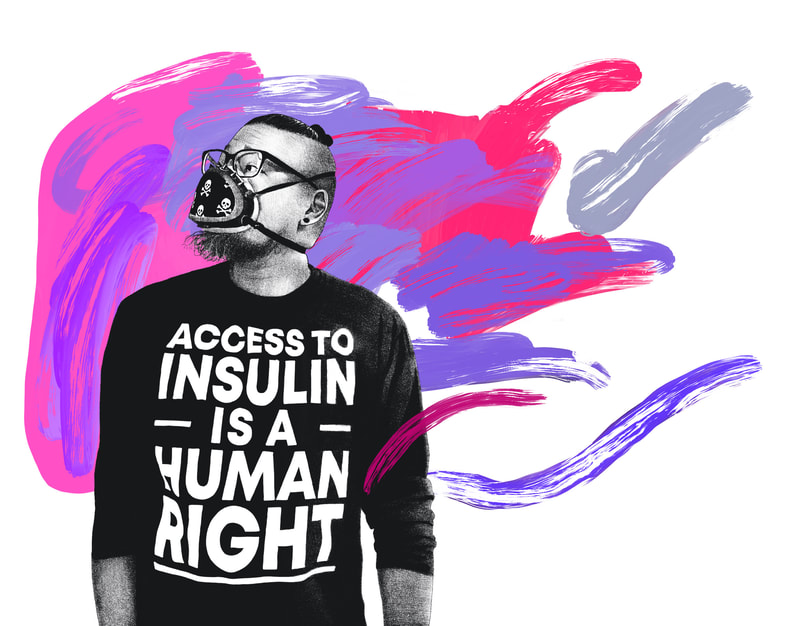 Asian person with hair in top know, glasses, earrings, face mask, and shirt that says "access to insulin is a human right" standing and looking up as colorful brush strokes float around them.