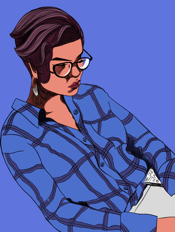 Woman with side part, glasses, and plaid shirt with open magazine on lap.
