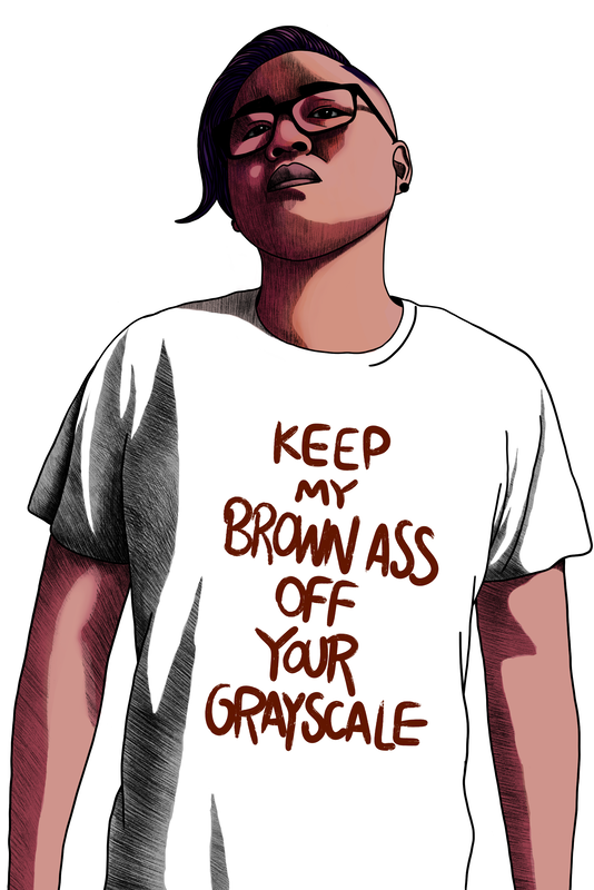Asian man wearing glasses and white shirt that says "Keep my Brown ass off your grayscale"