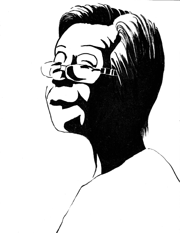 Elderly Asian woman with glasses smiling.