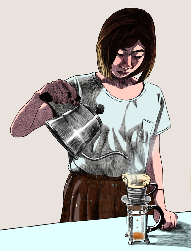 East Asian woman with pocket t-shirt and brown skirt pouring a gooseneck kettle into coffee brewing products on table.