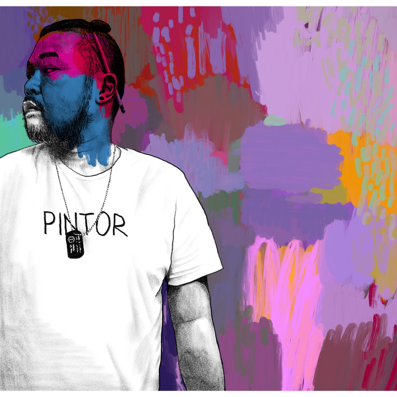 Asian man with bun, beard, dog tag, pencil behind ear, and shirt that says "pintor" in front of colorful abstract background.