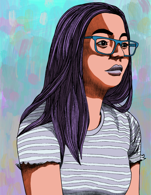 Asian woman with long hair, glasses, and striped t-shirt against multicolor painted abstract background.